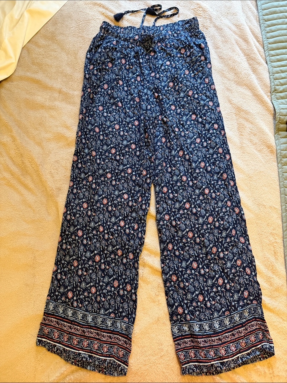 Bohemian Navy Floral Wide-Leg Pants with Border Hem